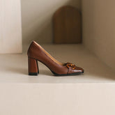 Faigy Square Toe Gold Chain Heels Brown NEW GEW